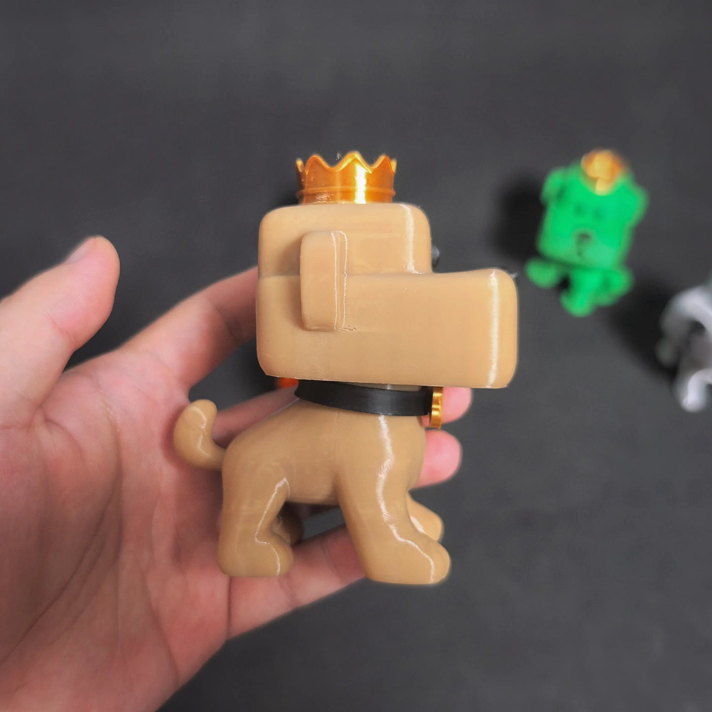 3D Printed Cube Puppy Figure with Movable Head and golden Crowns