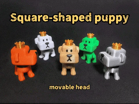 3D Printed Cube Puppy Figure with Movable Head and golden Crowns